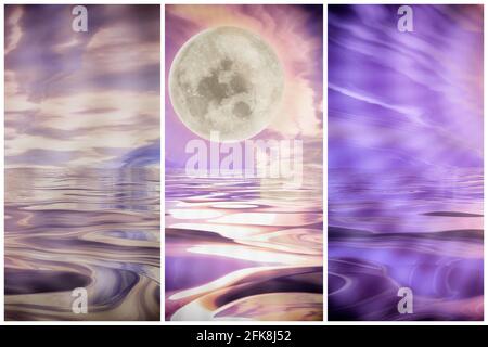 Wunderschöne Triptychon Hintergrund Mond und Meer Ozean Abend Wellen. Mondlandschaft. 3d-Rendering Stockfoto