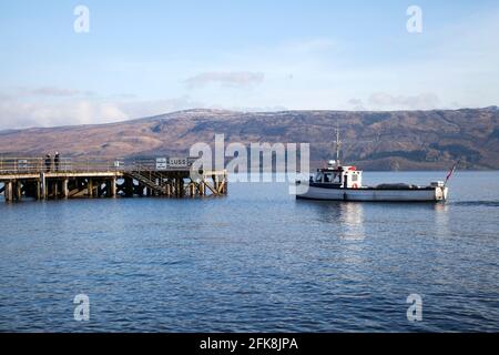 Der Pier von Luss am Loch Lomond, Argyll, Schottland Stockfoto
