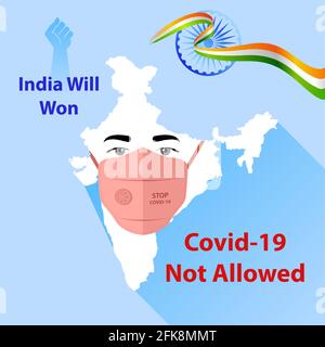 Indien wird gegen die konzeptuelle Vektorgrafik Covid-19 gewinnen. Schutzmaske auf der Karte vor Schutz nach ncov-2019. Indien gegen das neuartige Coronavirus. Stock Vektor