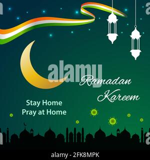 Grußbanner Ramadan Kareem. Hintergrund mit einer Botschaft von 'zu Hause bleiben und zu Hause beten'. Festgruß mit covid-19-Botschaft zur Sensibilisierung. Stock Vektor