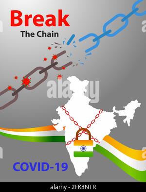 Bleiben Sie zu Hause und brechen Sie die Kette des Coronavirus. Abstand halten und Covid-19 überwinden. Corona-Krieger arbeiten von zu Hause aus. Indien gegen das neuartige Coronavirus. Stock Vektor