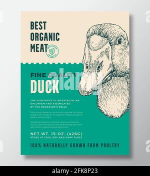 Bird Portrait Organic Meat Abstract Vector Packaging Design oder Label Template. Geflügelbanner Aus Eigener Landwirtschaft. Moderne Typografie und handgezeichnete Ente oder Stock Vektor