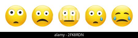 Set von Vektor gelb unglücklich traurig, erstaunt, neutral und weinend Emoticon mit schwinkenden Augen auf weißem Hintergrund. Glänzende lustige Cartoon Emoji Ikone col Stock Vektor