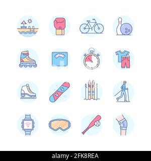 Sport und gesunder Lebensstil – Symbole im Liniendesign. Sport- und Sportgeräte, Fitnessidee. Schwimmen, Boxen, Fahrrad, Snowboarden, r Stock Vektor