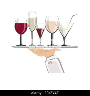 Die Hand des Kellners hält ein Tablett mit Gläsern für Wein, martini und Champagner. Vektordarstellung isoliert auf weißem Hintergrund. Eine Vorlage für Ihre d Stock Vektor