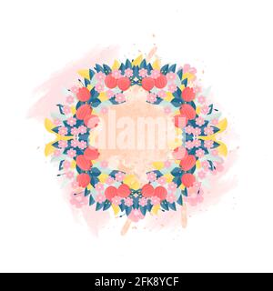 Runder Blumenrahmen auf einem Hintergrund von rosa Aquarellflecken. Vektor-Illustration zur Dekoration von Textilien, Grußkarten oder Hochzeitszubehör. Stock Vektor