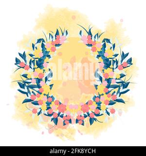 Runder Blumenrahmen auf einem Hintergrund mit gelben Aquarellflecken. Vektor-Illustration zur Dekoration von Textilien, Grußkarten oder Hochzeitszubehör. Stock Vektor