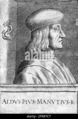 Aldus Manutius. Porträt des italienischen Gelehrten und Gründers der Aldine Press, Aldus Pius Manutius (1449/1452-1515), Pergamentgravur, 1482-1514, Giulio Campagnola zugeschrieben Stockfoto