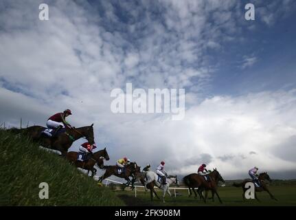 Läufer und Reiter beim Mongey Communications La Touche Cup Cross Country Chase am dritten Tag des Punchestown Festivals auf der Rennbahn von Punchestown in der Grafschaft Kildare, Irland. Ausgabedatum: Donnerstag, 29. April 2021. Stockfoto