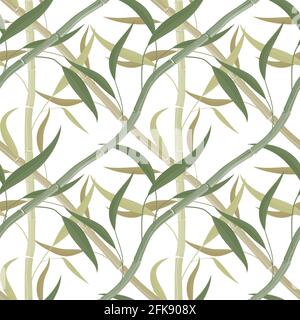 Bambusstämme und -Blätter in einem diagonalen Raster angeordnet, ein nahtloses Muster für den Druck auf Geschenkpapier, Stoff oder Tapete. Dekorative Zeichnung, vecto Stock Vektor