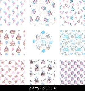 Niedliches nahtloses Muster mit verschiedenen Süßigkeiten. Für Geburtstagsdesign. Babydusche. Papier für Ausschnitte. Rosa und blaue Töne für Mädchen und Jungen. Stock Vektor