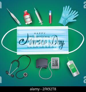 12. Mai. Happy International Nurse Day Hintergrund mit Krankenschwester Werkzeuge. Covid-19, Coronavirus Konzept. Vektorgrafik Stock Vektor
