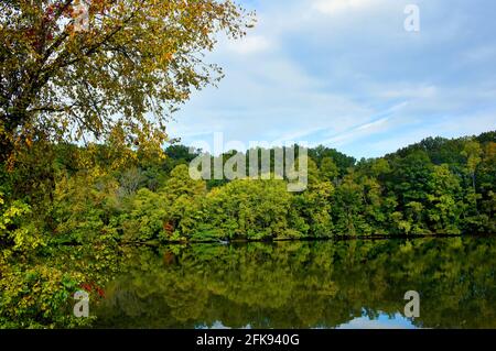 Morgenruhe ist das Geschenk, das dieser Fischer mit Wasser gibt, das die Bäume auf der Oberfläche des Sees reflektiert. Der See liegt am Ufer der Duck Island Stockfoto