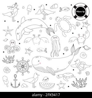 Große Reihe von Meerestieren und -Pflanzen. Unterwasserbewohner - Wale und Delphine, Kraken und Fische, Seesterne und Quallen, Schildkröten und Möwen, sh Stock Vektor