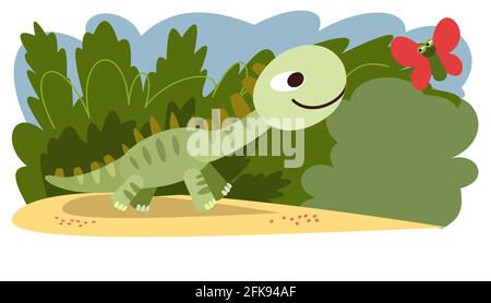 Baby Dinosaurier spielen mit einem Schmetterling. Das isolierte Objekt auf weißem Hintergrund. Fröhliche Kind Tier. Cartoons im flachen Stil. Prähistorisch Stock Vektor