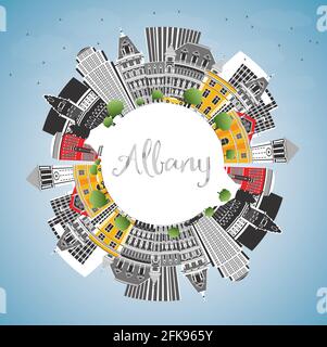 Skyline von Albany, New York City, mit farbigen Gebäuden, blauem Himmel und Kopierraum. Vektorgrafik. Albany USA Stadtbild mit Wahrzeichen. Stock Vektor