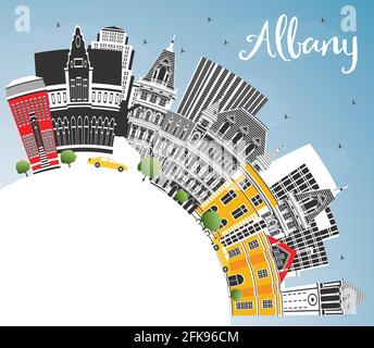 Skyline von Albany, New York City, mit farbigen Gebäuden, blauem Himmel und Kopierraum. Vektorgrafik. Albany USA Stadtbild mit Wahrzeichen. Stock Vektor