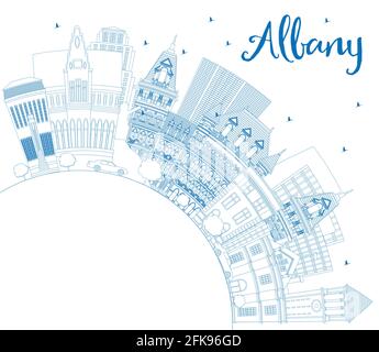 Skizzieren Sie die Skyline von Albany, New York City, mit blauen Gebäuden und Kopierflächen. Vektorgrafik. Albany USA Stadtbild mit Wahrzeichen. Stock Vektor