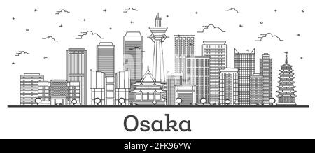 Skizzieren Sie die Skyline von Osaka Japan City mit modernen Gebäuden, die auf Weiß isoliert sind. Vektorgrafik. Stadtbild von Osaka mit Wahrzeichen. Stock Vektor
