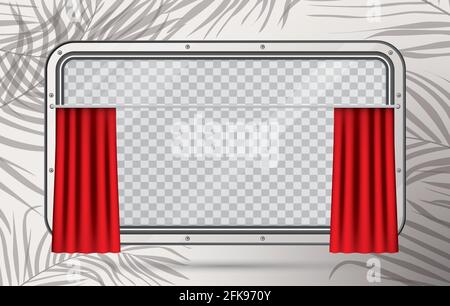 Train Window with Red Curtain and Copy Space on Palm Leaves Background. Vektorgrafik. Zugelement. Travel Design-Konzept. Stock Vektor