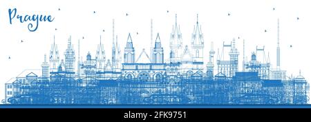 Umrisse in Prag in der Tschechischen Republik die Skyline der Stadt mit blauen Gebäude. Vector Illustration. Business Travel und Tourismus Konzept mit historischer Architektur. Stock Vektor