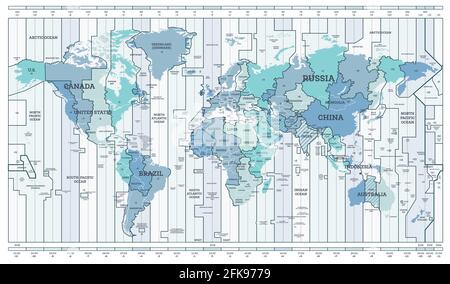 Blue Map Zeitzone. Detaillierte Weltkarte mit Ländernamen. Vektorgrafik. Stock Vektor