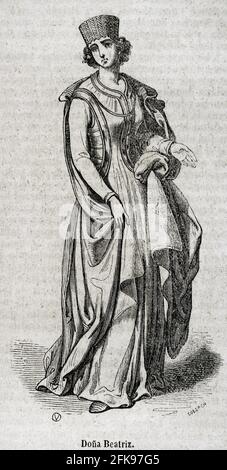 Elisabeth von Schwaben oder Beatrice von Schwaben (1205-1235). Mitglied des Hauses Hohenstaufen. Königin Gemahlin von Kastilien und Leon durch Heirat mit Ferdinand III. Gravur von Coderch. Historia General de España von Padre Mariana. Madrid, 1852. Stockfoto