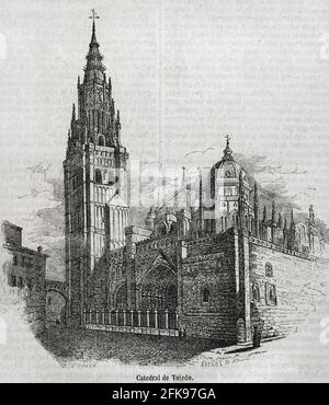 Spanien. Kathedrale der Heiligen Maria von Toledo. Erbaut im 13. Jahrhundert, im gotischen Stil. Illustration von Pizarro. Gravur von Burgos. Historia General de España von Padre Mariana. Madrid, 1852. Stockfoto