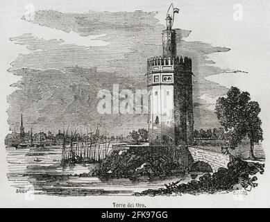 Spanien, Andalusien, Sevilla. Torre del Oro (der Goldturm). Illustration von Brabo. Gravur von Burgos. Historia General de España von Pater Mariana. Madrid, 1852. Stockfoto