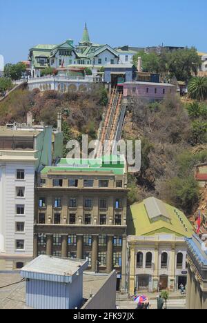 Hoher Aussichtspunkt des Palacio Baburizza museo de bellas artes und der Standseilbahn El Peral, die aus dem Hafengebiet, Valparaiso, Chile, Südamerika, führt Stockfoto