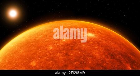 Moderne 3D-Rendering Mars Planet Oberfläche mit Sonne und Sternen Im Hintergrund des Raums Stockfoto