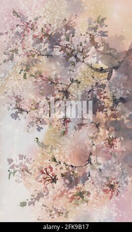 Sakura Zweige blühenden Aquarell Hintergrund. Federabbildung Stockfoto