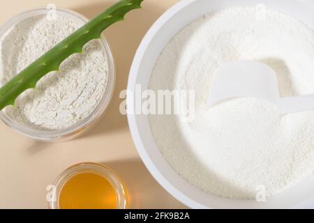 Zutaten für Collagen Puder Gesichtsmaske: Kollagen, Ton, Honig, Aloe. Natürliche Schönheit für die Haut. Nahaufnahme. Draufsicht. Stockfoto