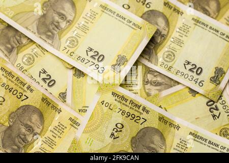 Assam, indien - 30. März 2021 : Indian New 20 Rupien Note Stock image. Stockfoto