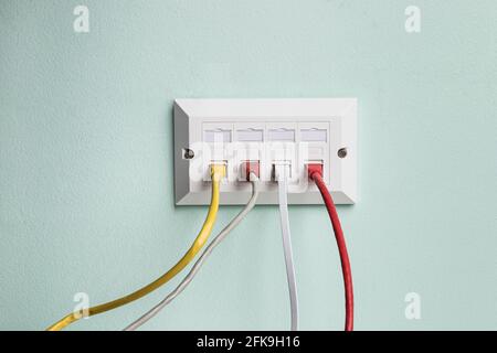 Data CAT6 Double Socket Quad Port Faceplate mit vier Netzwerken Kabel eingesteckt Stockfoto