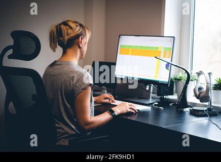 Weiblich arbeitet mit Tischen auf ihrem PC mit großem Display. Frau arbeitet zu Hause an einem komfortablen Ort Stockfoto