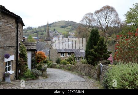 Blick von oben auf die Ches-hire-Stadt Bollington Von Beeston Brow Stockfoto