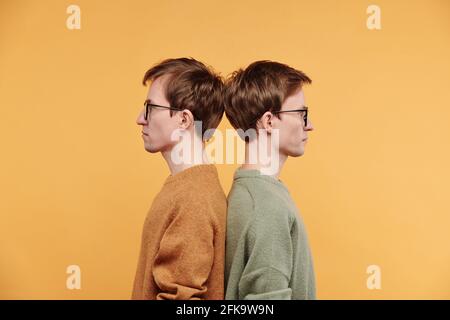 Seitenansicht von ernsthaften Zwillingsmännern in Senf und Olive Pullover, die vor hellem Hintergrund Rücken an Rücken stehen Stockfoto