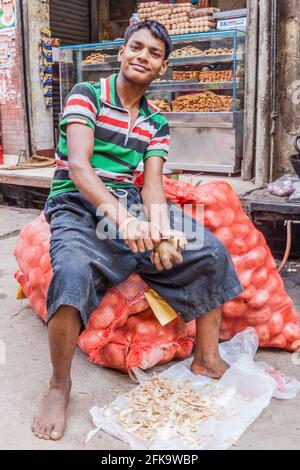 DELHI, INDIEN - 22. OKTOBER 2016: Junger Kartoffelschäler im Zentrum von Delhi, Indien Stockfoto