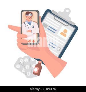 Hand halten Smartphone mit Online-Medizin Anwendung Vektor flache Illustration. Arzt im Telefonbildschirm, der den Patienten konsultiert, schreibt ein Rezept für die Behandlung und Pillen aus. Telemedizinisches Konzept. Stock Vektor