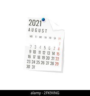 2021 Kalender auf weißem Papier, August. Bearbeitbarer Vektor auf weißem Hintergrund Stock Vektor