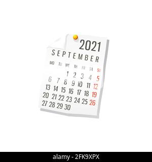 2021 Kalender auf weißem Papier, September. Bearbeitbarer Vektor auf weißem Hintergrund Stock Vektor