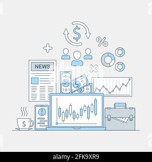 Aktien und finanzielle Erfolg Vektor Cartoon skizzieren Konzept. Laptop-Bildschirm mit japanischem Kerzendiagramm, Dokumenten, Bargeld und Zeitungen im Symboldesign. Anwendungsdesign für den Online-Handel. Stock Vektor