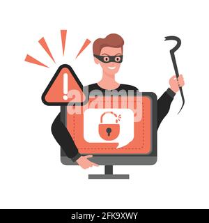 Dieb hackt persönliche Daten in Computer-Vektor flache Illustration. Junger Mann, der Informationen, Passwörter und Anmeldeinformationen gestohlen hat. Cyber-Sicherheit, Internet-Virus, Cyber-Kriminalität Konzept. Stock Vektor