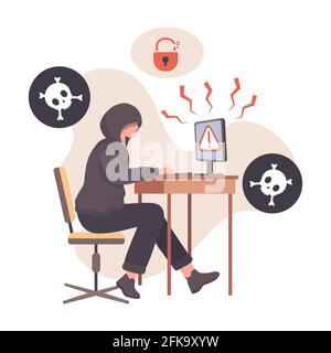 Hacker stehlen persönliche Informationen aus Computer Vektor flache Illustration. Cyber-Sicherheit. Hackerangriff, Phishing, Betrug über Draht, Diebstahl von Anmeldedaten, Passwort, Und Finanzdatenkonzept. Stock Vektor