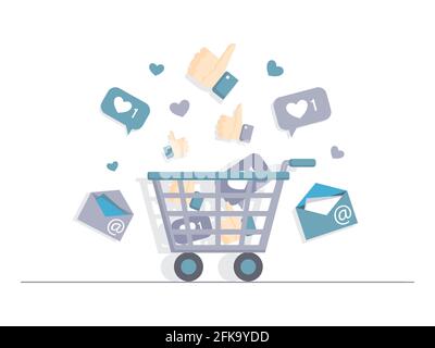 Einkaufswagen voller „Gefällt mir“-Angaben, E-Mails und Herzen, Vektorgrafik flach, isoliert auf weißem Hintergrund. Social Media, Networking, digitales Marketing, Online-Kommunikation oder Online-Shopping-Konzept. Stock Vektor