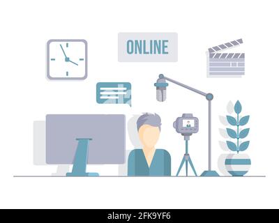 Radio, TV-Host oder Blogger Aufnahme Programm, vlog, oder Podcast Vektor flache Illustration. Mann streamt, spricht auf Videokamera, macht Inhalte für Internet-Blog, Kanal, Social Media. Stock Vektor