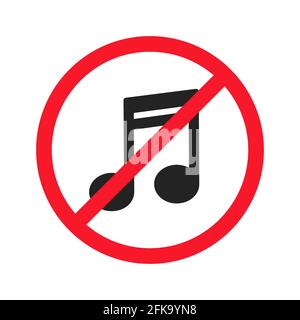 Musik ist verboten Vektor flache Illustration isoliert auf weißem Hintergrund. Musiknotensymbol in durchgestrichenen roten Kreis. Warnung, singen oder spielen von Musikinstrumenten ungelöst. Stock Vektor