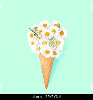 Kamille Gänseblümchen Blumen in Eis Waffelkegel auf Minzpapier Hintergrund. Flache, florale Laie Stockfoto