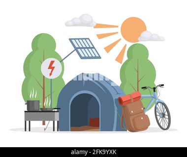 Sommer Camping Szene Vektor flache Illustration. Campingzelt, Fahrrad, Reisetasche und Grillgerichte. Sommerreisen, Waldcamp, Urlaub, Wandern, Naturlandschaftskonzept. Stock Vektor